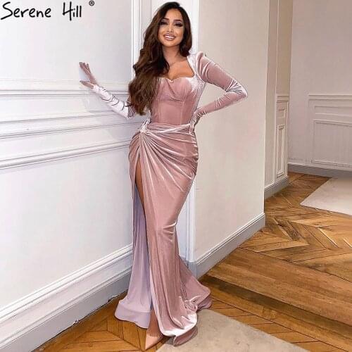 Serene Hill Muslim Pink Velvet High Split Evening Dresses Gowns 2021 Mermaid Elegant Long For Women Party LA71060