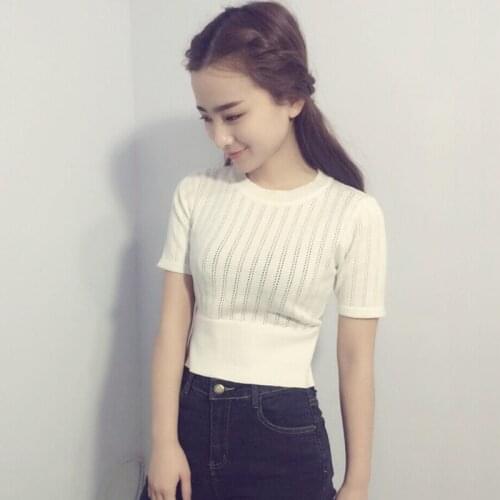 Spring And Summer 2021 New Slim Stretch Short Knitted High Waist Short Sleeve T-shirt Womens Slim Solid Color Top