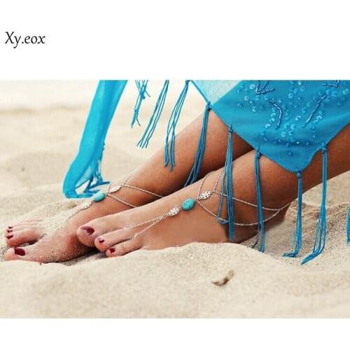Vintage Bohemian Turquoise Bead Barefoot Sandal Foot Toe Ring Beach Anklet