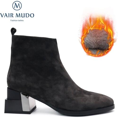 VAIR MUDO Women Ankle Boots High Heels Concise Kid Suede Gray Pointed Toe Elegant Autumn Winter Warm Short Plush Wool DX79