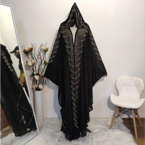 Opened abayas cloak opened abaya rivet beading muslim abaya female full length prayer hooded kimono islamic cardigan robes F1536