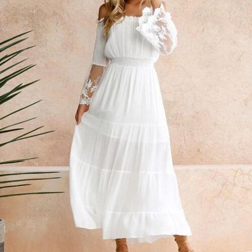 2021 Spring Summer Women White Sexy Lace Crochet Off Shoulder Hollow Party Dress Casual Solid Flared Sleeve Loose Midi Dresses
