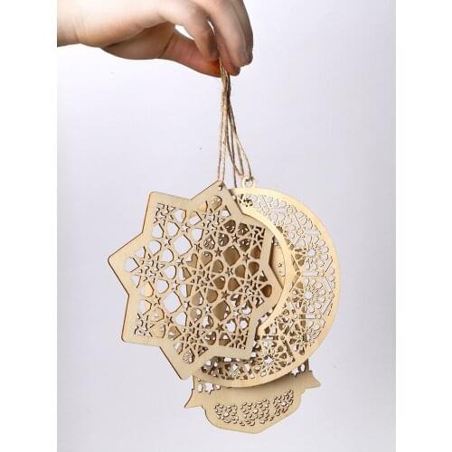 3 Pcs Wooden Pendant Ornament Ramadan Decoration Moon Star Wind Light Shape Lantern Pendant for Ramadan Mubarak Eid Decorations
