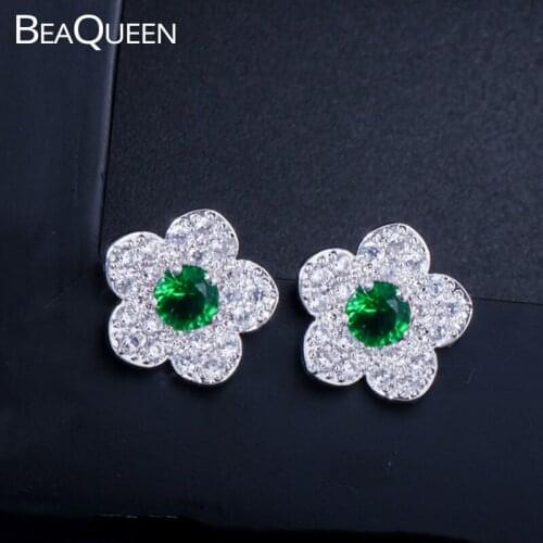 BeaQueen Fashion Cute Flower Stud Earrings Green Cubic Zirconia Micro Paved CZ Crystal Lovely Women Jewelry for Party E250