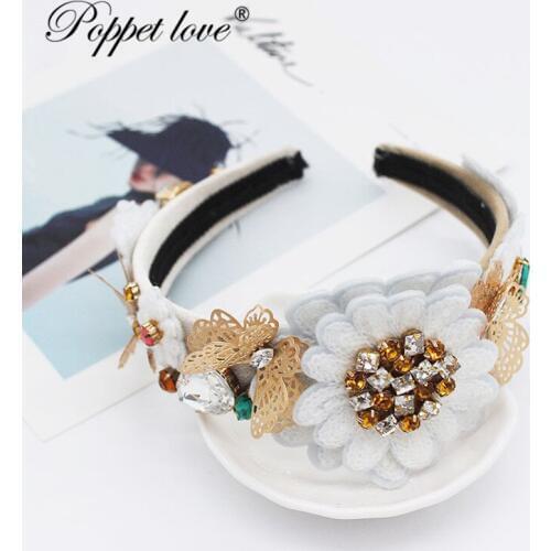 White Tiara Headband Double layer flower Rhinestone Hair Jewelry For Women Bridal Gold butterfly Handmade Fashion Wedding Hair A