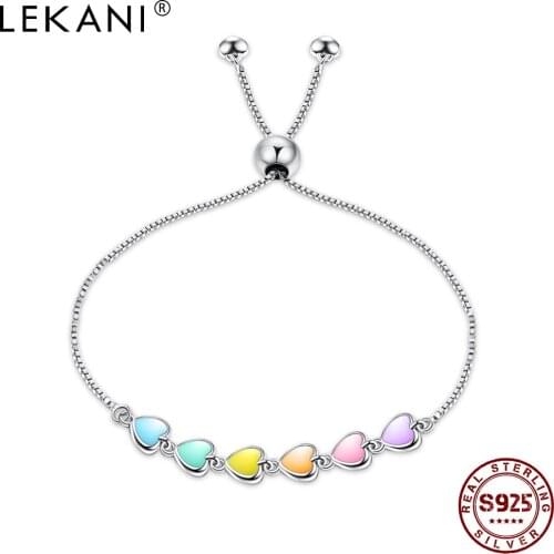 LEKANI Real 925 Sterling Silver Bracelet Colorful Heart Adjustable Bracelets Exquisite Epoxy Fine Jewelry Gift To Girlfriend