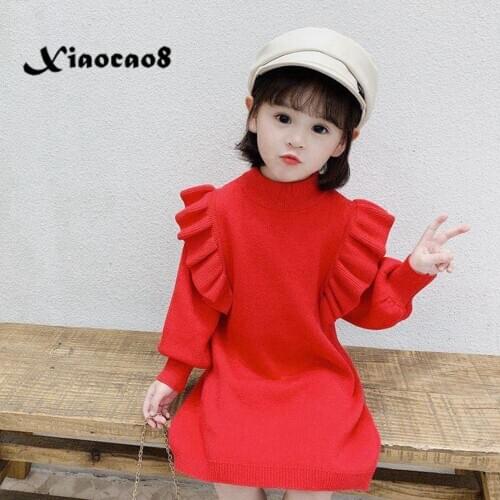 Kids New Fashoin Knitted Sweater Dresses for Girls Autumn Winter Turtleneck Ruffles Princess Dress Toddler Baby Fall Clothes 8 6