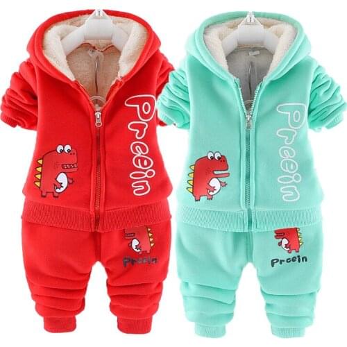 2021 Winter Girls Clothing Sets Toddler Boys Girls Warm Hooded Jacket Coats Pants Suit Kids Cartoon Thick Tracksuit Clothes Set