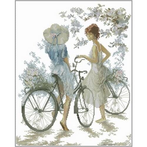 Two Girls With Two Bikes Embroidery Top Quality Crafts Needlework 14CT Unprinted Cross Stitch Kits DIY Art Handmade Home Decor