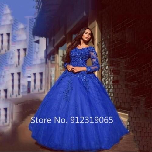 Elegant Royal Blue Ball Gown Formal Evening Dresses 2021 Luxury Robe De Soiree Sequins Appliques Prom Gowns Custom Made