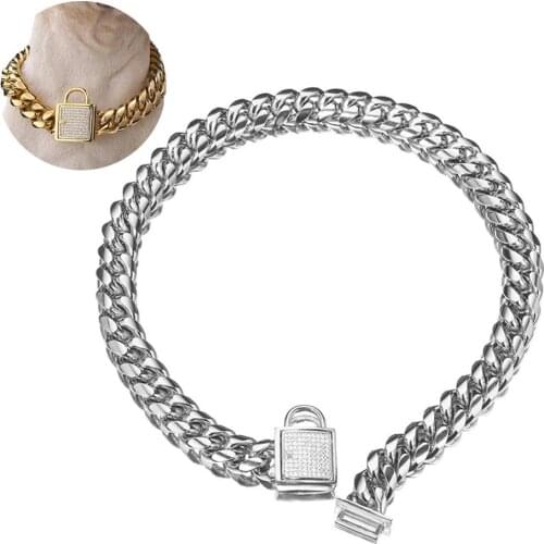 FML Pet Collars Personality Dog Collar Stainless Steel Curb Cuban Chain Dog Training Walking Dog Necklace for Medium Large Dogs