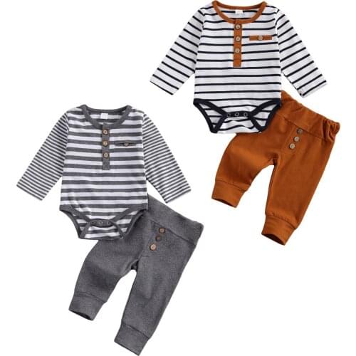 Newborn Baby Boy Striped Outfits O-neck Long Sleeve Romper Solid Color Button Loose Trousers 2Pcs Clothing Set for Spring Fall