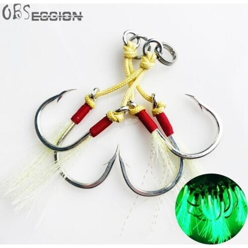 10 pairs/lot Luminous Assist Single/Double Hook 1/0 2/0 3/0 5/0 7/0 High Carbon Steel Metal Jig Lure Fishing Hook Thread Feather