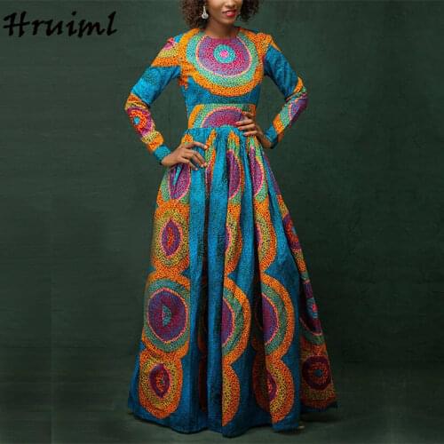 Fashion African Dresses for Women Autumn Print Long Sleeve O Neck Plus Size Maxi Dress High Waist Big Swing Long Dress Vestidos