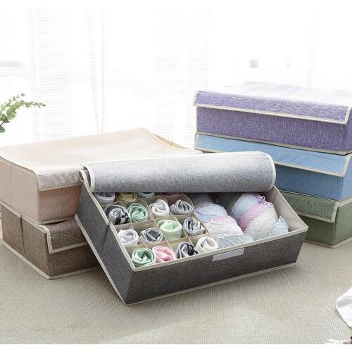 Washable 17-grid cotton hemp underwear casket collapsible bra finishing box covered sock casket storage box underwear organizer