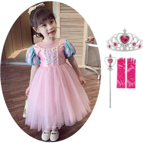 3-10 Years Girls' Princess Dress 4 PCS Pink Puff Sleeve Mesh Ankle-length Ball Gown For Children Wedding Party Clothes For Kids