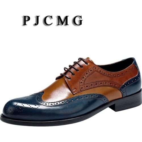 PJCMG Fashion Oxford Male Lace-Up Pointed Toe Solid Carved Patchwork Office Genuine Leather Formal Mens Wedding Dress Shoes
