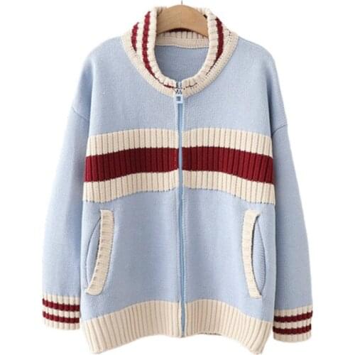 XUANHAO Womens Striped Patchwork Pockets Cardigans Knit Jumper 2020 Winter Long Sleeve Mandarin Collar Knitted Sweaters