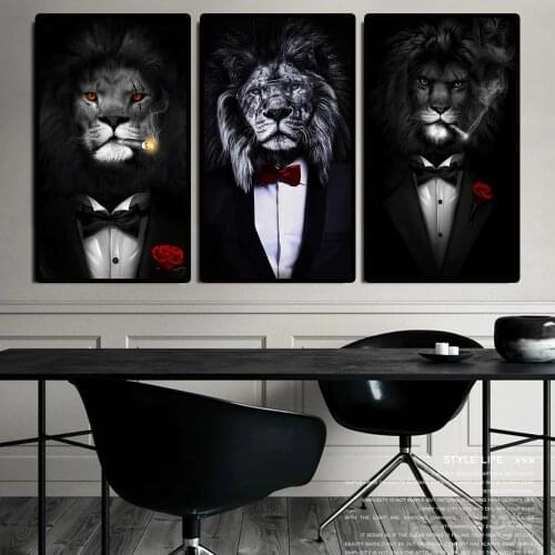 Modern Animal Art Pictures Canvas Printed Painting Funny Smoking Lion Wall Art Poster for Living Room Home Decor