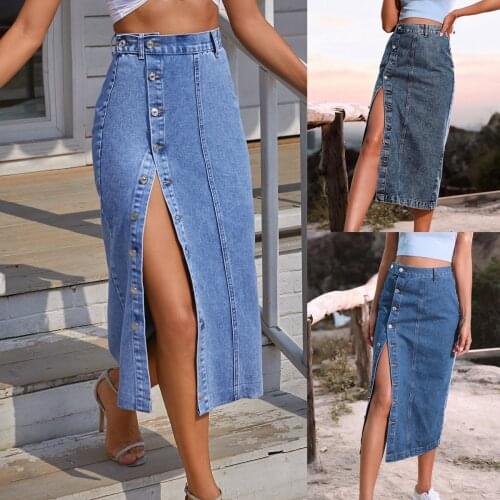 Slit Denim Skirt Blue Black Button Sexy Women 90s Aesthetic Bodycon High-Waisted Skirt 2021 Summer Long stylish Pencil Skirt