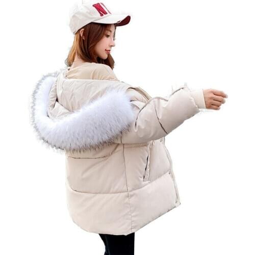 Large size loose women padded cotton jacket 2020 winter new solid long sleeve zipper warm hooded fur collar straight Female W60