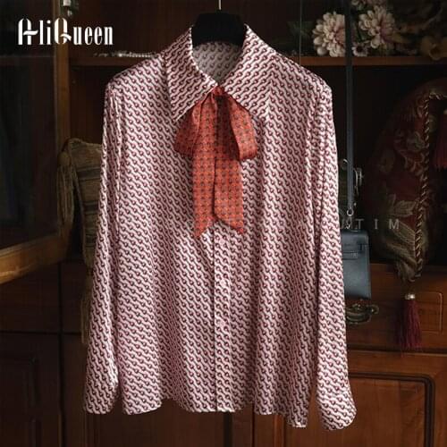 Women Vintage Long Sleeve Bow Neck Silk Blouses Ladies Elegant Chain Print Pink Shirt Female Tops Party Blouse Plus Size 3XL