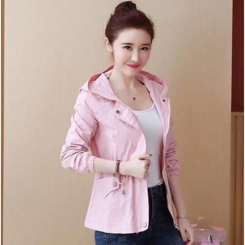 2021Spring New Korean Womens Windbreaker Wild Loose Hooded Fashion Pink Jacket Female Student Windbreaker Coat Lining