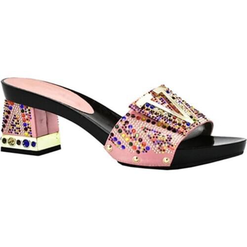 New African Style Women Shoes Rhinestone Women Sandals Square Heel Party Summer Shoes Woman High Heels Sandals with Rhinestone