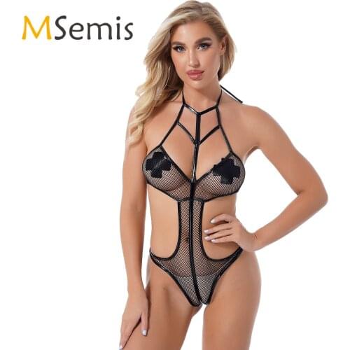 Womens Lingerie Teddies Costume Strappy Hollow Out Fishnet Bodysuit Halter Lace-up See-through Mesh Leotard Cutout Catsuit