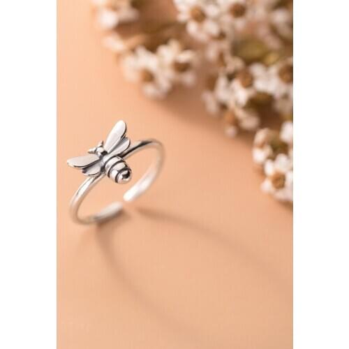 100% Real 925 Sterling Silver Vintage Bee Open Rings Cute Bumble Bee Adjustable Ring for Women Girls Hypoallergenic Jewelry