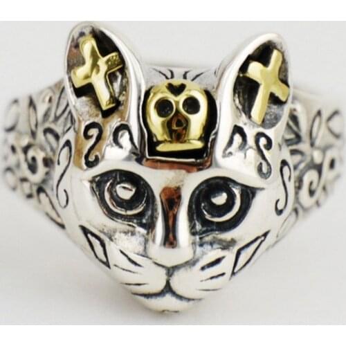 100% Real 925 STERLING SILVER Punk Rock Women Mens Thailand RING RINGS LOVELY skull cat Adjustable wholesale jewelry Gift A42
