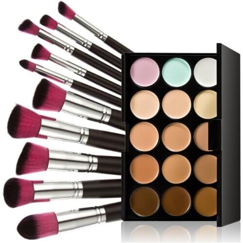 2016 15 Colors Pro Makeup Concealer Cream Cosmetic Palette 10pcs Brush Tool