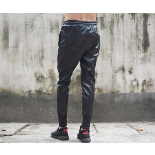 27-44 Autumn Men New Harem Pants Tide Hairstylist Pu Leather Stitching Locomotive Slim Foot Feet Pants Nightclub Singer Trousers