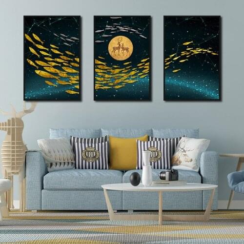 Abstract Wall Art Blue Starry Golden and Fish Paintings Nordic Canvas Prints and Posters Living Room Bedroom Corridor Decoration
