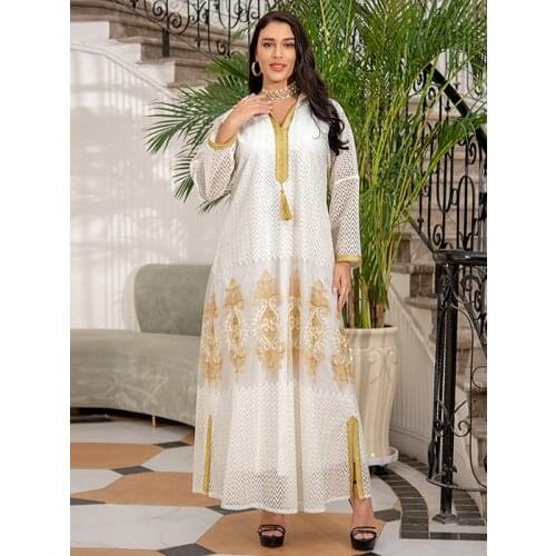 Eid al-Adha 2021 Muslim Hooded Abaya Mesh Gold Thread Embroidery Women Morocco Dubai Saudi Arabic Maxi Dress Caftan White Party