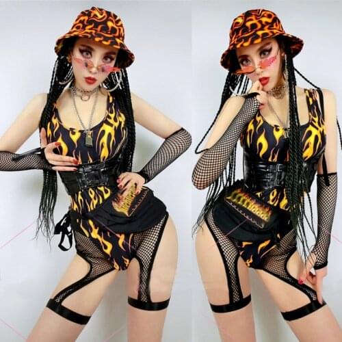 Jazz Dance Costumes Women Bodysuit Triangle Piece Flame Bikini Gogo Costume Festival Clothes Rave Outfits Gils Clothing XS2051