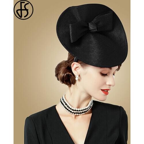 FS Fascinators Hats Weddings Big Bow Pillbox Hat For Women Black Tea Party Wide Brim Fedora Lady Kentucky Derby Sinamay Hats