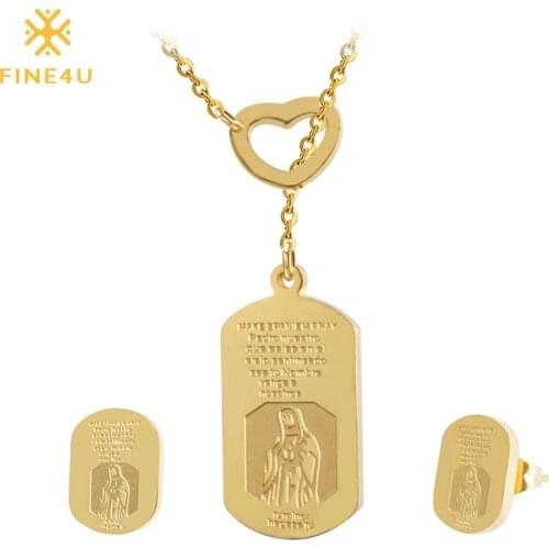 FINE4U N056 Gold/Silver Color Necklaces Earrings Set 316L Stainless Steel Religious Jewelry Sets For Fashion Women Party Jewelry