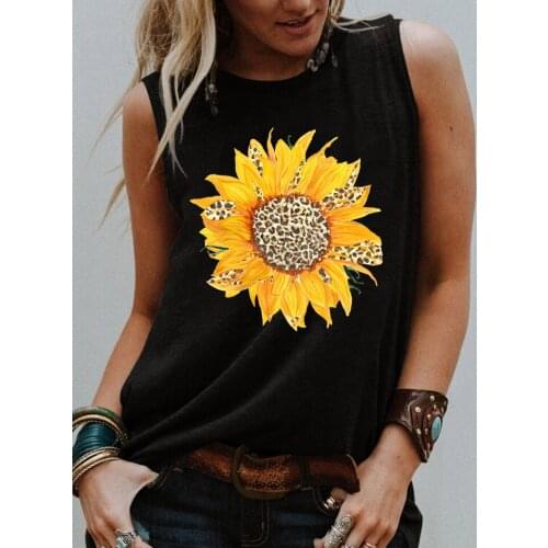 Leopard Print Sunflower Tank top Vegan Tee Summer Loose Tanks trendy tank holiday shirts women trendy tops