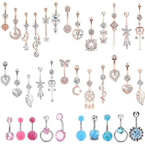 Surgical Steel Crystal Flower Belly Piercing Set Tassel Belly Button Piercing Lot Moon Star Navel Piercing Set Pircing Ombligo