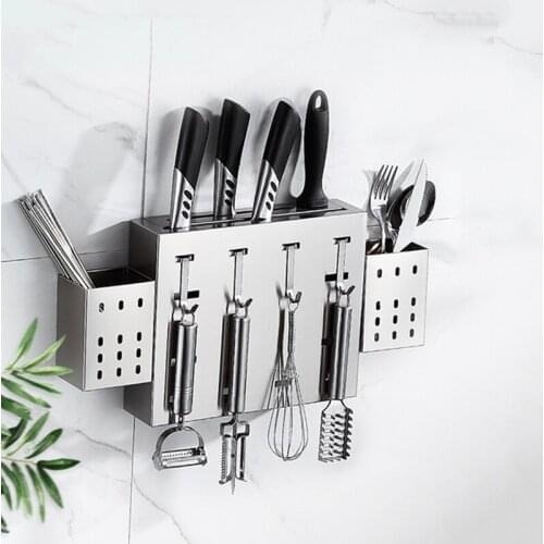 Stainless Steel Wall Mounted Knife Holder with 2 Cutlery Storage Rack Spoon Forks Organizer Container with Drying Drainer
