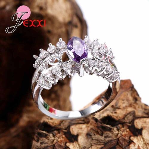New Stamped Silver Hollow Out Purple Crystal Heart Anniversary Rings For Lady Women Bridal Wedding Jewelry