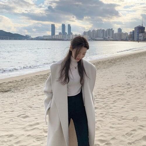 Autumn and winter 2020 new double face woolen cashmere coat womens long white waisted hooded woolen overcoat