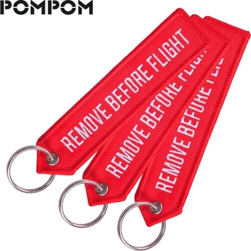 POMPOM 3pcs/lot Remove Before Flight Keychain Ring for Aviation Gifts OEM Key Chains Red Embroidery Chains Key Chaveiro Jewelry