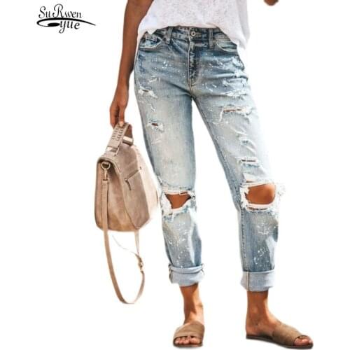 Ripped Hole Straight Jean Summer New Casual Denim Jeans for Women Ladies Plus Size Light Blue Full Length Slim Denim Pants 15309