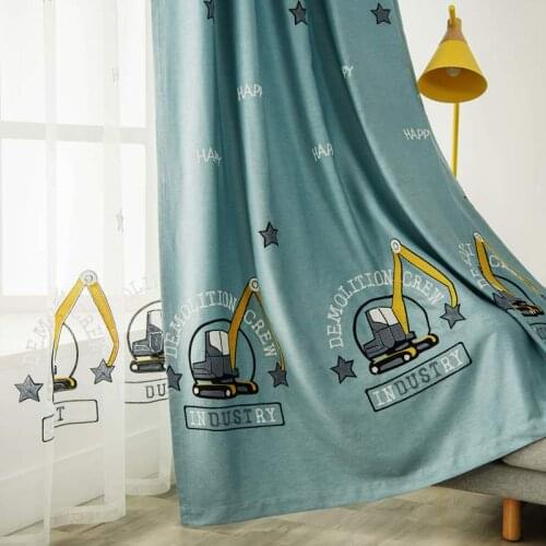 Construction Truck Curtain for Kids Boy Excavator Embroidered Cartoon Blue Engineer Machinery Car Nursery Bay Window Drapes