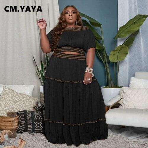 CM.YAYA Women Plus Size Set Solid Short Sleeve Crop Tops Loose Long Skirts Two 2 Piece Sets Tracksuit Fashion Outfit Summer 2021