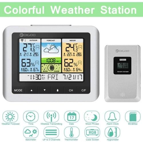 Digoo DG-TH8888 Colorful LCD Wireless Home Weather Station Thermometer Humidity Sensor Outdoor Indoor Forecast Sensor Clock