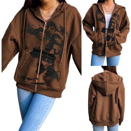 Spring and autumn new casual hoodie coat, 2021 trend Y2K style head Print Long Sleeve Hoodie Top with zipper and pocket