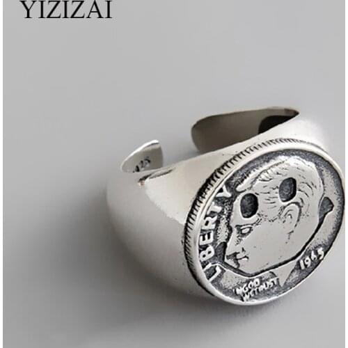 YIZIZAI Letter Portrait Ring Freedom Liberty Big Finger Rings Face Engrave Face Tibetan Silver Vintage Round Ring For Women Men